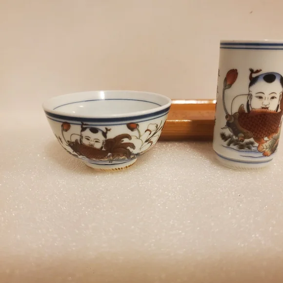 Japanese Antique Sake Tea Set With Traditional Serving Tray Cup Glass Porcelain